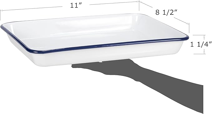 Red Co. 11" x 9" Enamelware Metal Classic 2 Quart Rectangular Serving Tray, Solid White/Navy Blue Rim
