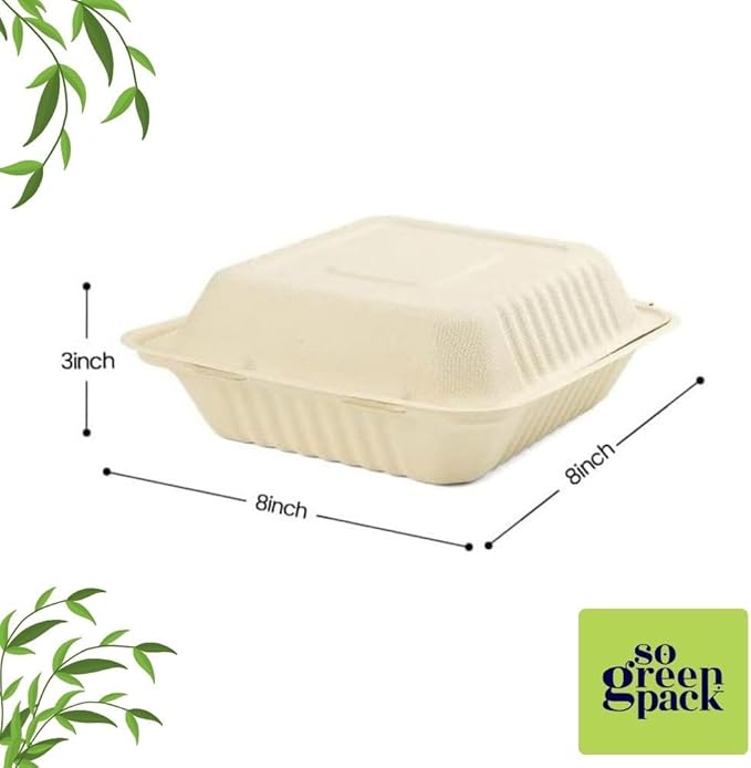 50 Packs Disposable 8x8 Clamshell Take-Out Container Compostable Biodegradable Bagasse & Eco-friendly To Go Container for Food