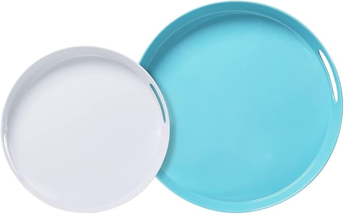 LEHAHA Large Round Serving Tray with Handles, Large Melamine Serving Tray for Coffee Table, Serving Food and Beverages, Modern Round Decorative Trays for Home/Bathroom Décor. Set of 2,Teal and White