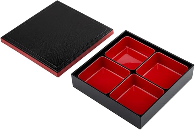 Restaurantware-10 x 2.4 Inch Compartment Lunch Container, 1 Japanese Style Adult Lunch Container - With 4 Compartments, Greaseproof, Black & Red Plastic Divided Lunch Box, For Hot & Cold Food