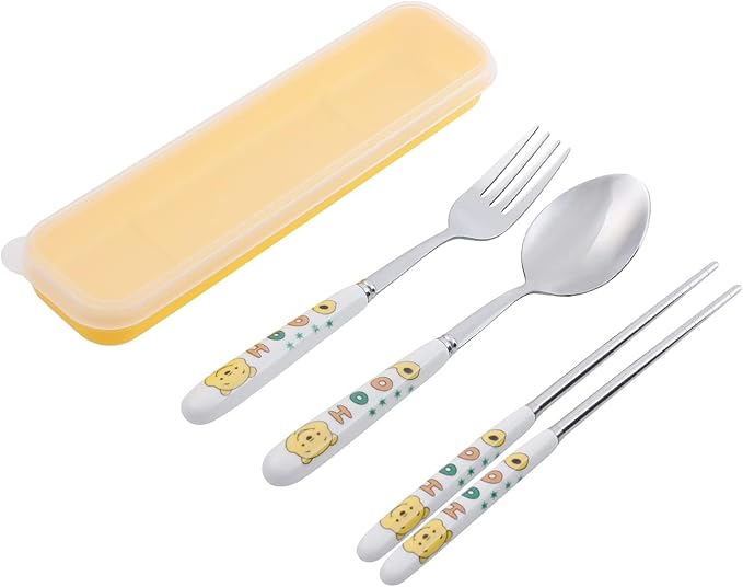 Cartoon Pooh Bear Print Portable Utensils with Case Pooh Piglet Reusable Flatware Set Chopsticks Fork Spoon Set for Travel Picnic, Middle, Blue