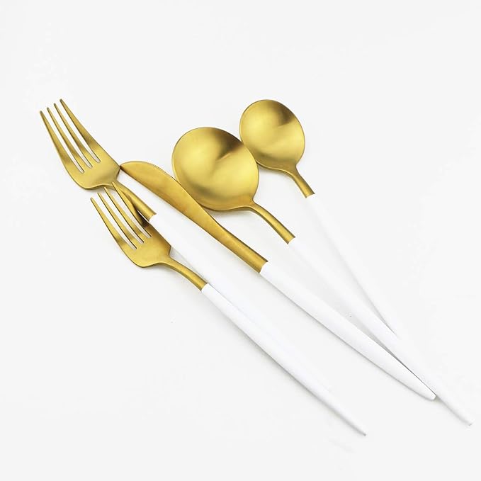 White Gold Flatware, Royal 20 Piece Matte White Handle 18/10 Stainless Steel Tableware Sets for 4 Including Forks Spoons Knives, Camping Silverware Travel Utensils Set Cutlery (White Gold)