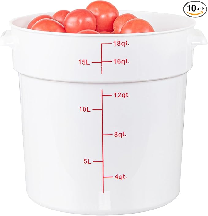 Restaurantware-Met Lux 18 Quart Food Storage Containers, 10 White Storage Containers - Lids Sold Separately, Red Volume Markers, Dishwashable Containers, Side Handles, For Storing Foods