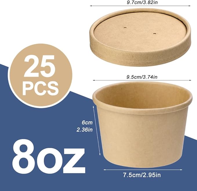 8 oz 25 pack Paper Soup Cup Disposable, Paper Food Containers with Lids, Kraft Ice Cream Container for Soups, Stews, Ice Creams, Sorbet and Salads