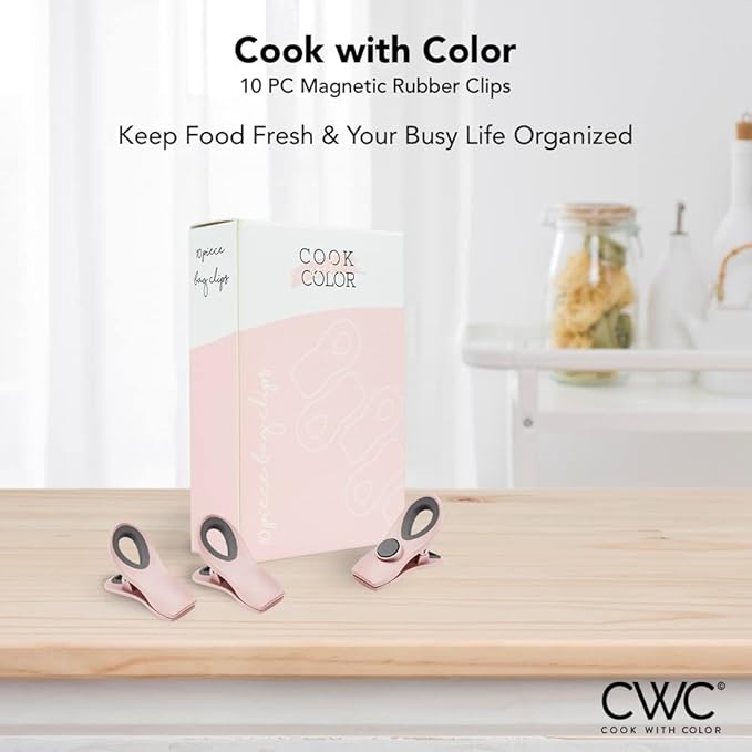 COOK WITH COLOR Bag Clips with Magnet- Food Clips, Chip Clips, Bag Clips for Food Storage with Airtight Seal Grip for Bread Bags, Snack Bags and Food Bags (Pink, Pack of 10)
