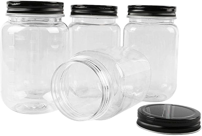 Novelinks 16 Ounce Clear Plastic Jars With Black Lids - Refillable Round Containers for Kitchen & Household Storage - BPA Free (20 Pack)