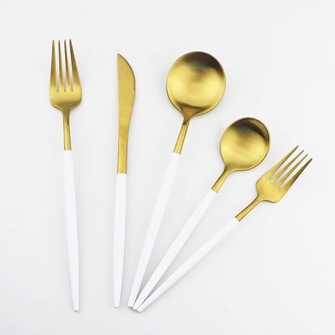 White Gold Flatware, Royal 20 Piece Matte White Handle 18/10 Stainless Steel Tableware Sets for 4 Including Forks Spoons Knives, Camping Silverware Travel Utensils Set Cutlery (White Gold)