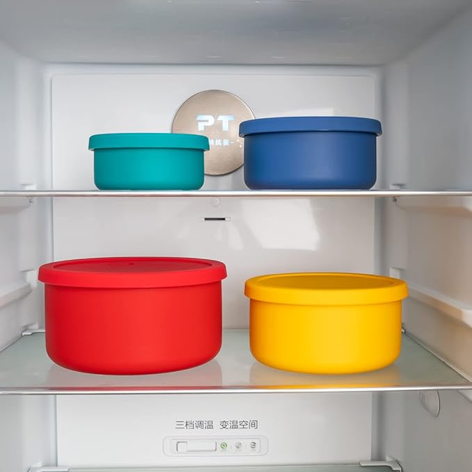 KSENDALO Silicone Containers with Lids Set of 4,Reusable Silicone Food Storage Containers from Large 2100mL to 400ml, Ideal for Meal Prep Containers, Lunch Box,Travel, Camping, Multicolors