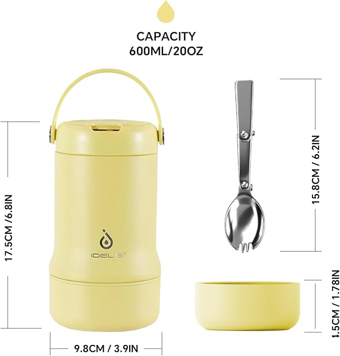 Ideus 20 oz Insulated Soup Thermo with Foldable Spolk and Bowl, All-in-one Stainless Steel Vacuum Thermal Food Jar for Lunch, Leakproof Bento Lunchbox Portable Soup Container (Light Yellow)