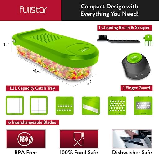 Fullstar Vegetable Chopper, Mandoline Slicer - Cheese Grater, Food Chopper with Container, Kitchen Gadgets, Home Essentials (6-in-1, Gray/Green)