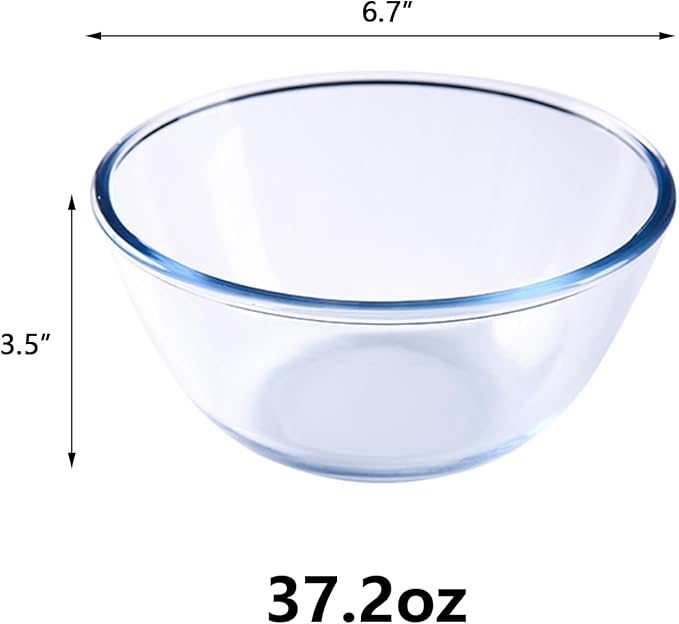 2 Pack Deep Mixing Bowls Glass Salad Bowl Round Glass Serving Bowls for Cooking Baking Prepping Dishwasher & Microwave & Oven Safe (1.1L)