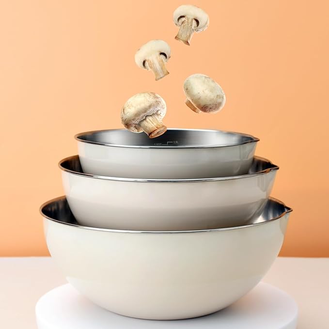 3-Piece Stainless Steel Mixing Bowl Set, Classic Beige Color, Nesting Bowls with Pure Spout, Multipurpose Kitchen Basket /1.56Quarts/3.17Quarts/4.23Quarts (Classic Beige)