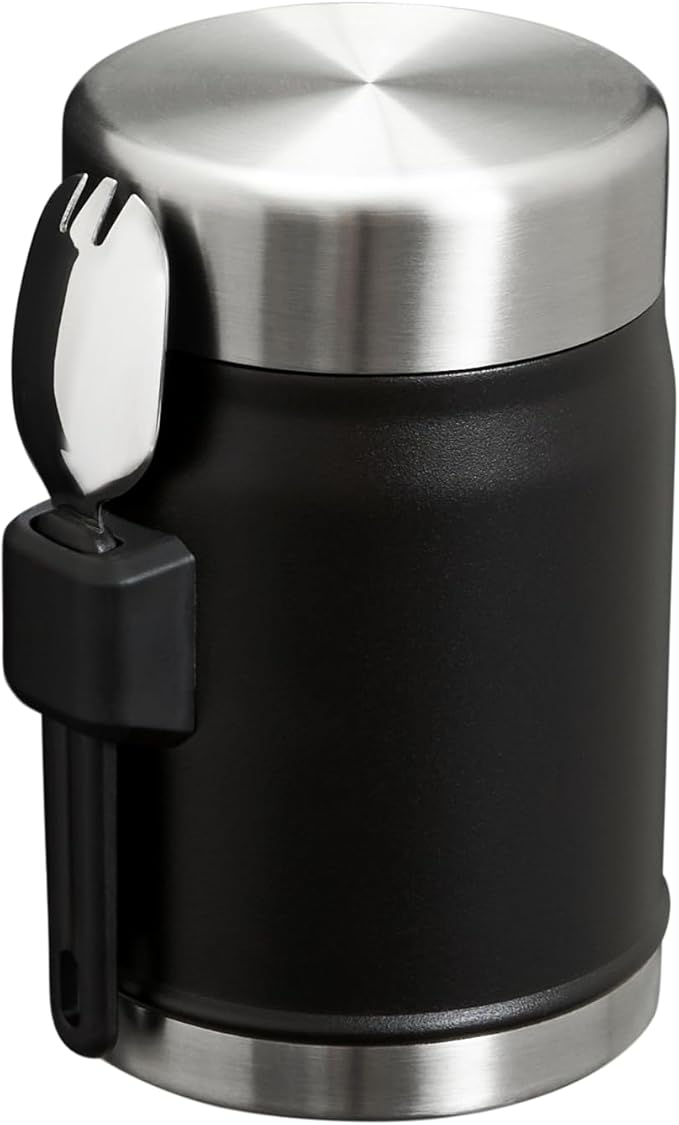 Stanley Classic Food Jar and Spork 14 oz | Vacuum Insulated Thermos Food Container | Wide Mouth Screw On Lid | Packable for Travel | Stainless Steel with Leakproof Lid | BPA-Free | Black 2.0