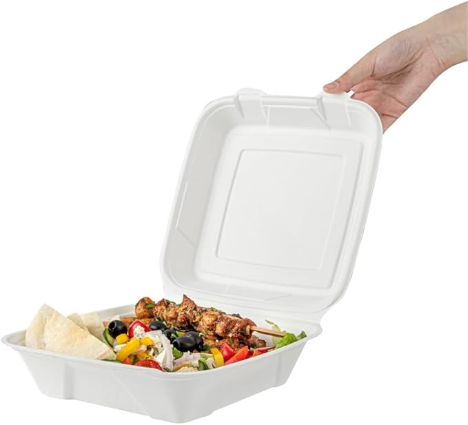 Restaurantware Pulp Safe No PFAS Added 32 Ounce Clamshell Boxes 100 Disposable Containers - Home Compostable Microwavable And Freezable White Bagasse Containers Built-In Hinged Lid And Tab Lock