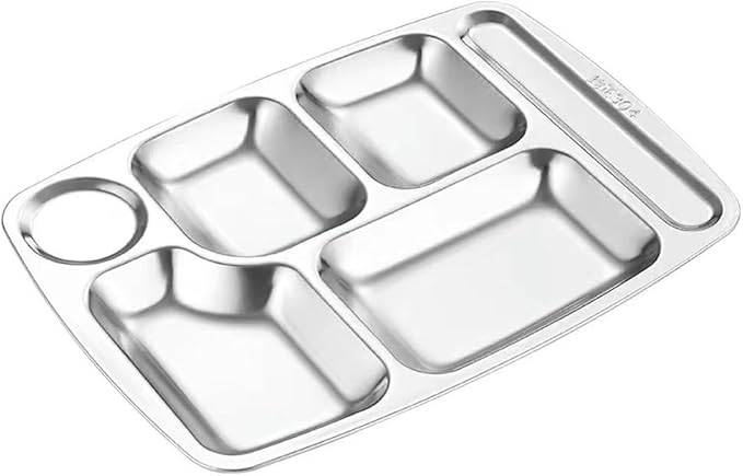 2 Pack Stainless Steel Divided Plates, Large 6 Sections Dinner Plates for Adults,Rectangular Serving Platter for Camping,Unbreakable Divided Portion Plates,Dishwasher Safe