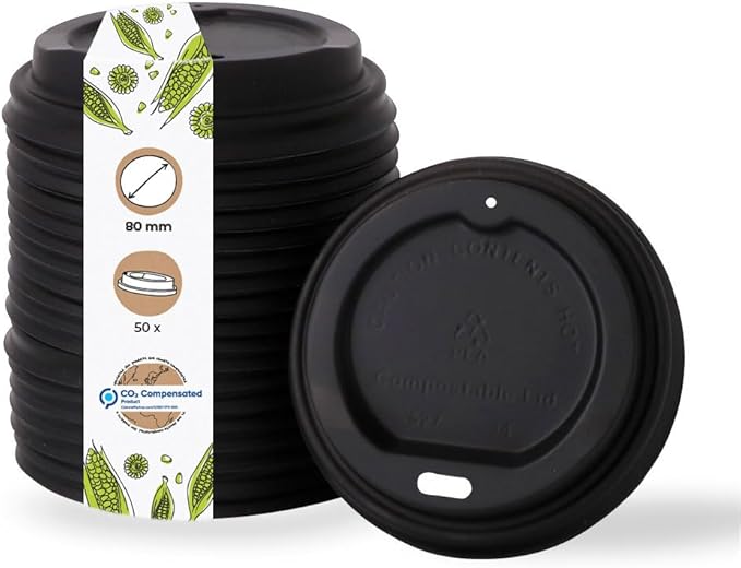 BIOZOYG Takeaway coffee cup lids Ø 80 mm I 50 lids for paper cups made of CPLA bioplastic 100% bioplastic, compostable I hole straw lid black flat cup