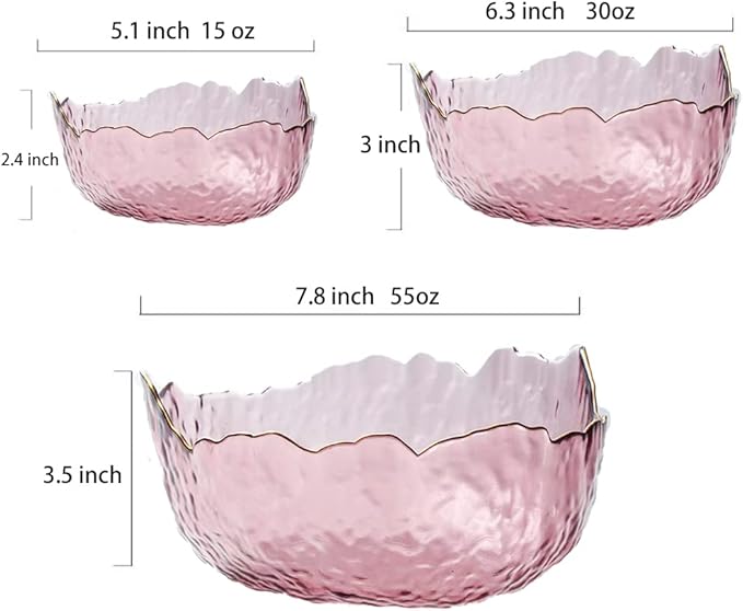 Glass Salad Bowls Set of 3, Space-saving Nesting Bowls, Irregular Shape Decorative Cereal Container, Glass Cooking Bowls, Glass Prep Bowls For Fruit, Dessert, Freezer Safe (Purple Pink)