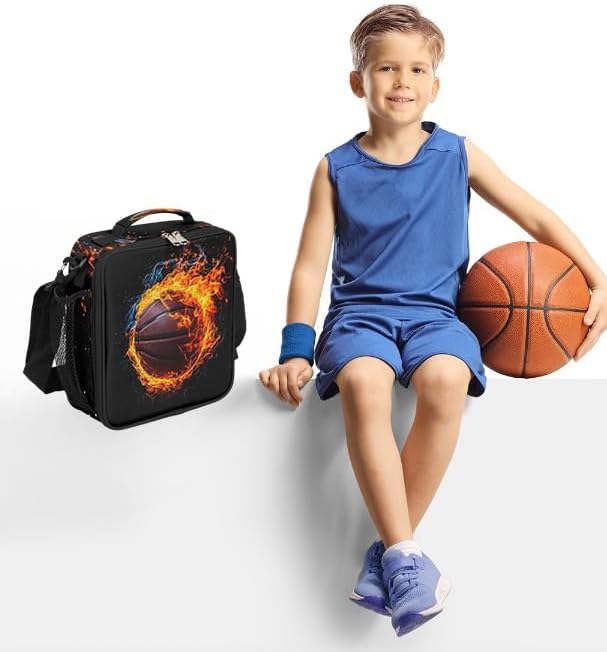 Lunch Box for Kids Boys Girls Sports Basketball Fire Kids Lunch Bag Insulated Lunch Bag Tote with Adjustable Shoulder Strap Teens Lunchbox Cooler School Picnic