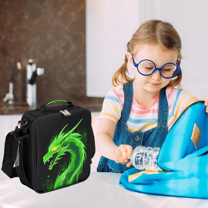 Kids Lunch Box for Boys Girls Green Dragon Animal Lunch Bag for Kids Insulated Lunch Bag Tote with Adjustable Shoulder Strap Teens Lunchbox Cooler School Picnic