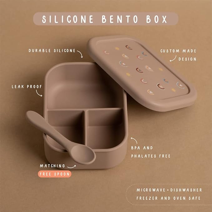 Silicone Bento Box For Kids And Toddlers - 3 Leakproof Compartments - Dishwasher, Oven And Microwave Safe - Eco friendly BPA free - For Daycare Elementary School Lunch, Snacks (Rainbow Sand)