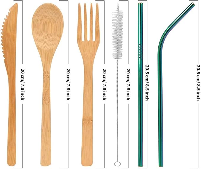 UPTRUST 2 Set Bamboo Cutlery Set Bamboo travel Utensils reusable bamboo utensils with case, 7.8 Inches Bamboo Knife, Fork, Spoon, 3 colors Metal Straw Portable Travel Set (Rainbow Straw)