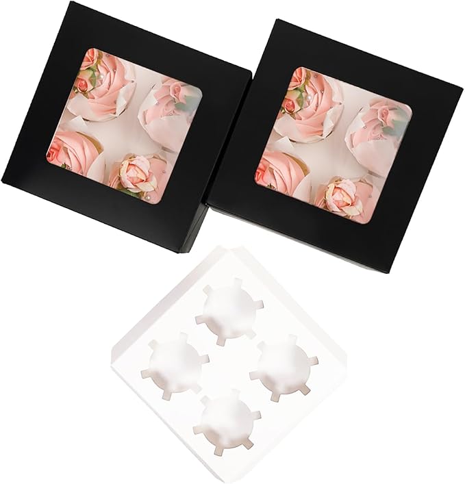 qiqee Auto-pop Up 4 Cupcake Boxes with Window Black 30 Packs Cupcake Box 6.3"x6.3"x3" Bakery Boxes For Cupcakes Carrier, Cupcake Containers