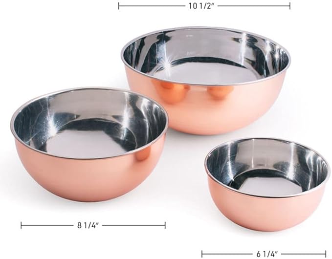 Kings County Tools Copper Mixing Bowls - 3 Piece Bowl Set for Cooking, Baking, Serving, and Prepping - Copper Stainless Steel Mixing Bowls - Nesting Bowls - Kitchen Essentials