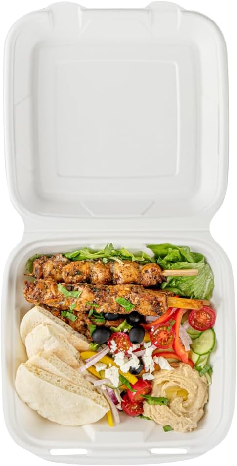 Restaurantware Pulp Safe No PFAS Added 32 Ounce Clamshell Boxes 100 Disposable Containers - Home Compostable Microwavable And Freezable White Bagasse Containers Built-In Hinged Lid And Tab Lock