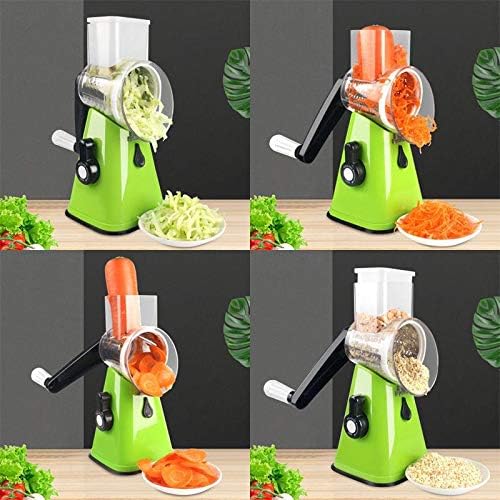 Manual Rotary Potato Grater Kitchen Mandoline Vegetable Slicer,with 3 Interchangeable Blades,Easy to use (Green)