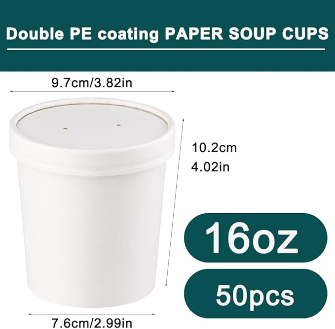 16 oz 50Pcs Paper Soup Containers with Lids, Disposable Soup Cups, Ice Cream Containers, White Disposable Soup Bowls White for Hot or Cold Soup
