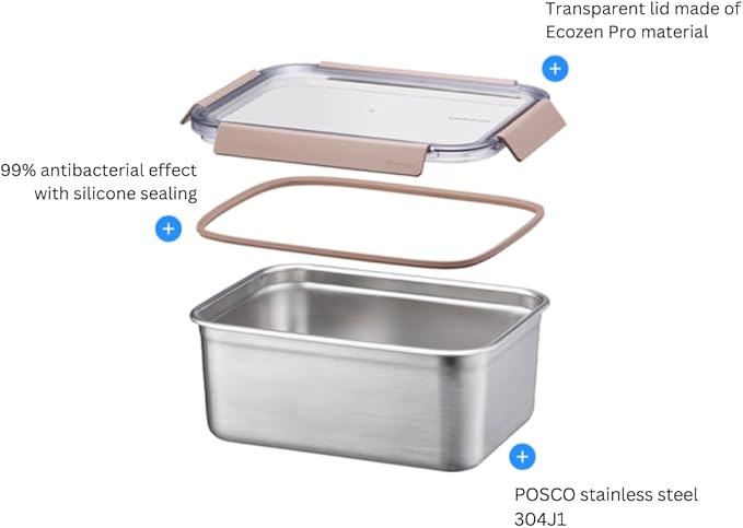 LocknLock Stainless Steel Food Storage Container - Airtight, Leak-proof, Stackable (520ml x 2/2800 ml) | Modular Design for Meal Prep, Lunch, Freezer & Dishwasher Safe