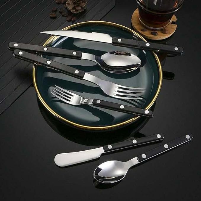 Silverware Set 6 pieces Stainless Steel Cutlery Set Color Handle with Rivet/Retro Style Flatware - Dinner Knife, Dinner Fork, Salad Fork,Soup Spoon,Teaspoon, Spreader (Black), Regular