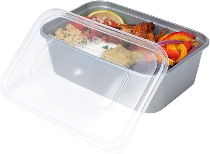 Restaurantware Futura 25 oz Rectangle Silver Plastic Take Out Container - with Clear Lid, Microwavable - 6 3/4" x 4 1/2" x 2 1/4" - 100 count box