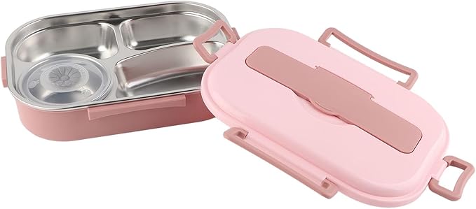 Raguso Boxs Dinnerware 4?Grid Lunch Box Stainless Steel Meal Prep Containers,for Canteens Office Family Food Storage Container (Four-compartment lunch box with soup bowl: pink)