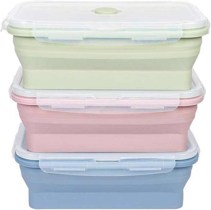 KIGI 【3 PACK】 40OZ Collapsible Bento Box Food Storage Containers with Lids Airtight Meal Prep Containers,Microwave Safe (40.6oz*3 mixed color)