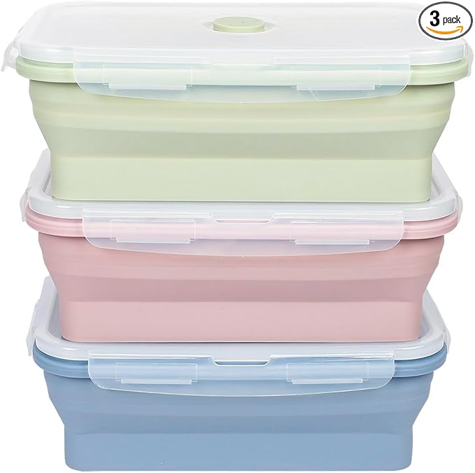 KIGI 【3 PACK】 18.6 OZ Collapsible Bento Box Food Storage Containers with Lids Airtight Meal Prep Containers