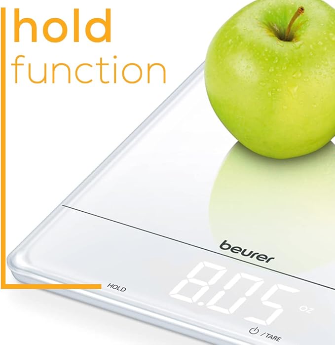 Beurer KS34 Digital Kitchen Scale - Precise Scale for Food Ounces and Grams, 33lbs Capacity, XL Weighing Platform for Meal Prep, Magic Display, Tare Function - Batteries Included - White Glass