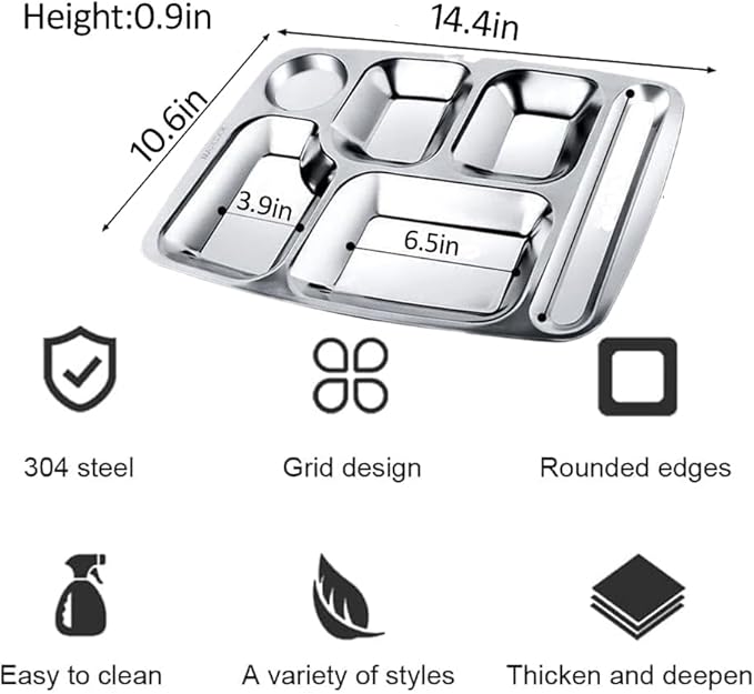 2 Pack Stainless Steel Divided Plates, Large 6 Sections Dinner Plates for Adults,Rectangular Serving Platter for Camping,Unbreakable Divided Portion Plates,Dishwasher Safe