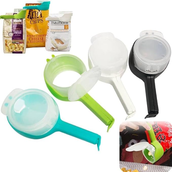 4pcs Bag Clip with Pour Spout, Seal and Pour Bag Clip, Snack Clips that Pour, Food Storage Bag Sealing Clip, Durable Plastic Clips for Food Storage (Round, Single Size)