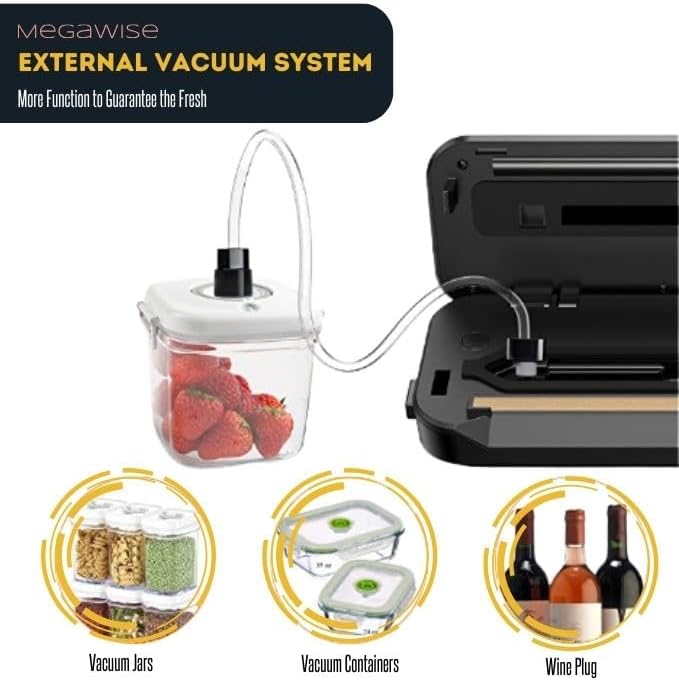 MEGAWISE Vacuum Sealer Machine for Food Storage with Sealer Bags | Automatic Food Sealer for Sous Vide | Compact Design with Built-in Cutter | Works with All Food Types | Easy to Clean (Grey)