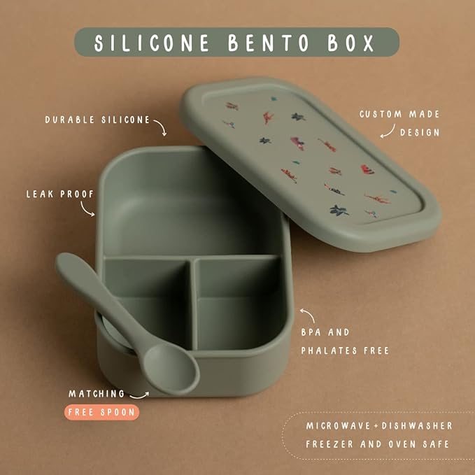 Silicone Bento Box For Kids And Toddlers - 3 Leakproof Compartments - Dishwasher, Oven And Microwave Safe - Eco friendly BPA free - For Daycare Elementary School Lunch, Snacks (Green Forest)