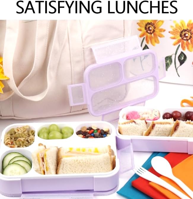 Bento Lunch-Box and Snack Container Set for Kids, 6 and 3 Compartment Boxes Leakproof School Bentos Meal Portion Control Containers BPA Free, Boys Girls Adults, Purple Lilac Large + MINI 2 pack