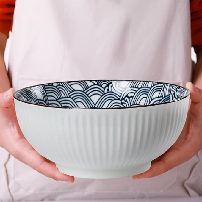QINLANG Large Soup Bowls, Pho & Ramen Set of 3, 60 oz Blue & White Porcelain - Wave Pattern