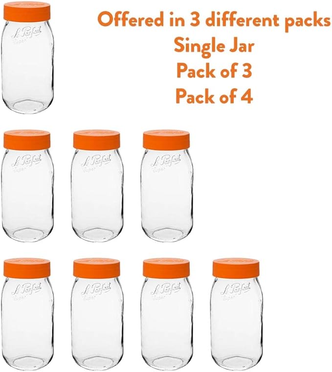 Le Parfait Screw Top Jar Wide Mouth French Glass Jar | Ideal for Food and Soup Storage, Canning, Flour, Brown Sugar, and other Baking Supplies (2L/64oz, Pack of 3, Orange)