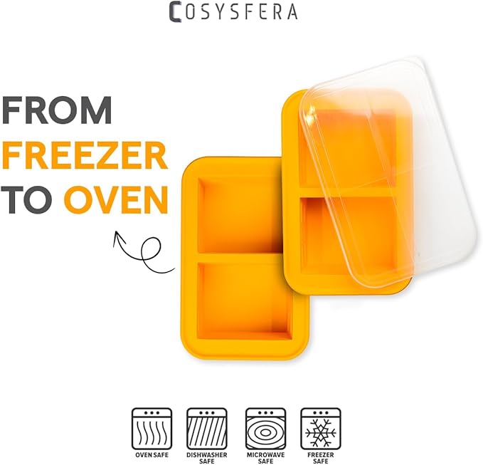 Silicone Freezer Tray with Lid – 2 Cup Portion Mold (2 Portions), Reusable Food Storage Container for Meal Prep, Soup, Sauce, Broth and Leftovers - DPA free - Microwave, Oven and Dishwasher Safe