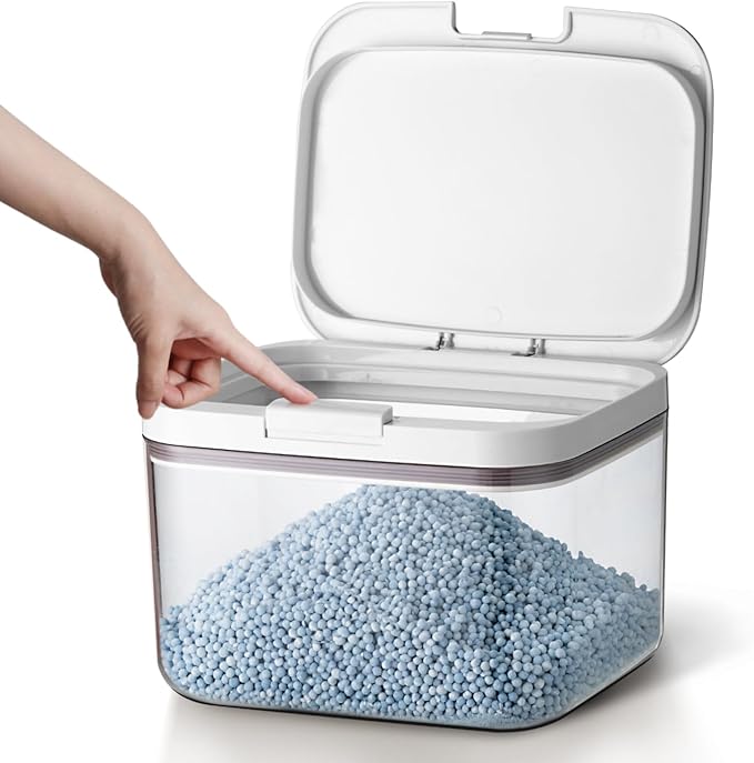 Airtight food storage containers with One-Press Lid | BPA-Free Clear PET Powder container with scoop| Stackable Pods Storage Organizer 8x6.5x5.5in 2.8L/4Lbs/60oz(120 Pods)