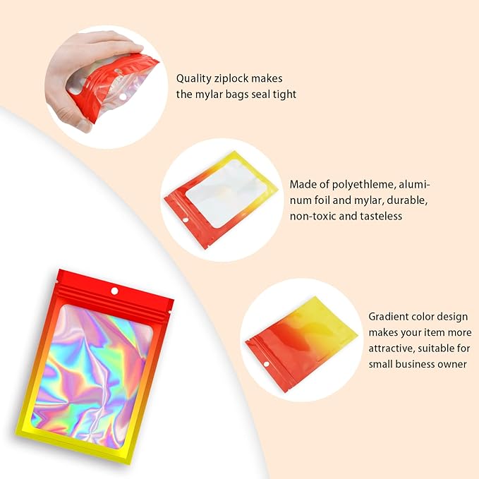 100 Pieces Resealable Mylar Bags, Smell Proof Bags with Clear Window for Food Storage Party Favor Packaging Small Business (Orange&Yellow, 2.8×4 Inch)