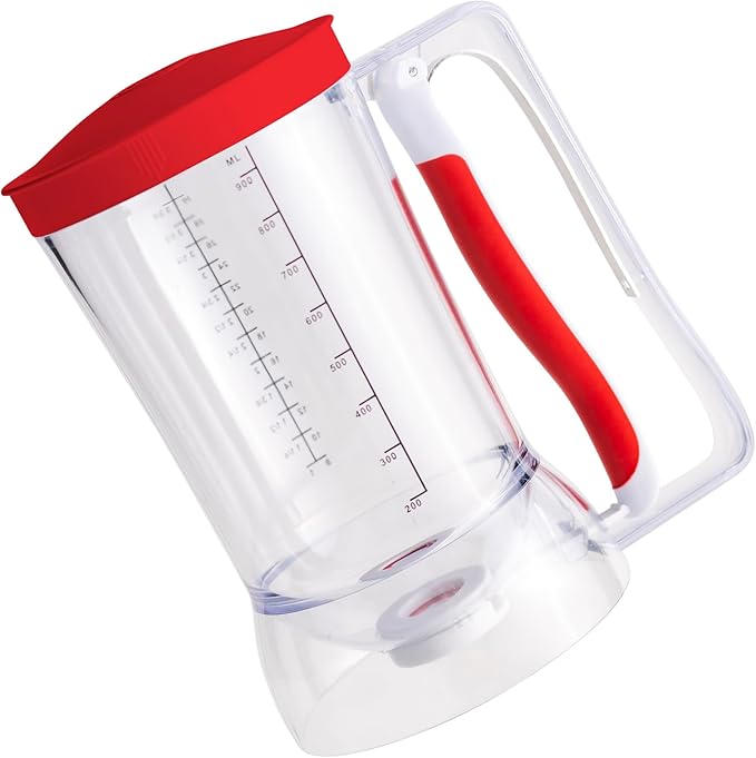 Kid Friendly Mess Free Pancake Cupcake Batter Dispenser Squeeze Handle for Precise Portion Control, Great for Waffles, Crepes | 4 Cup Capacity (Red)