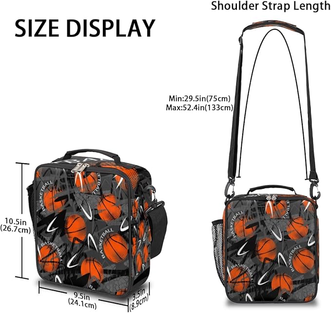 Basketball Sport Lunch Box Kids Insulated Lunch Bag for Boys Girls, Reusable Waterproof Lunch Box with Adjustable Shoulder Strap Cooler Tote Bag for School, Work, Picnic