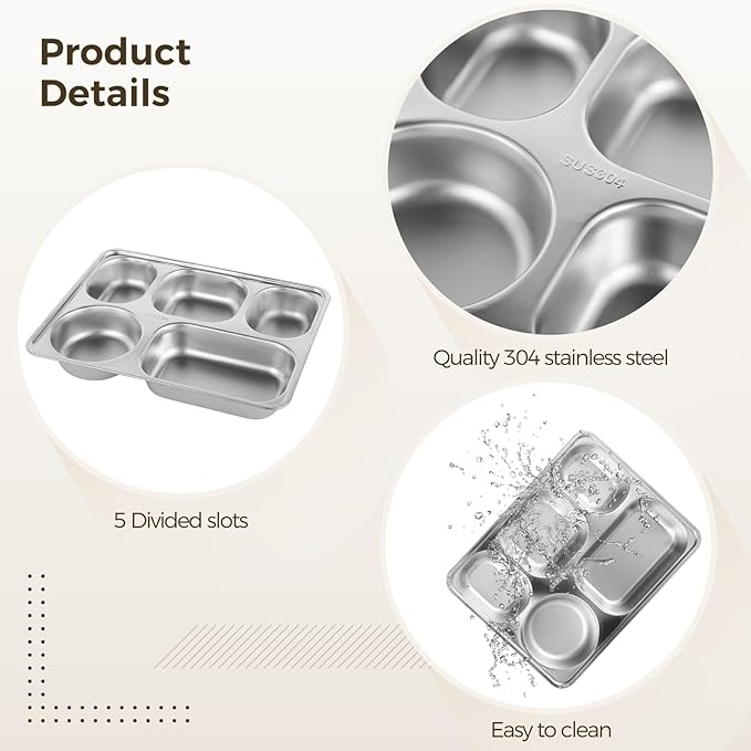 OMISTAR 8 Pcs Stainless Steel Divided Plates, Rectangular 5 Sections Portion Control Plates, Metal Food Tray for Lunch, Dinner, Campers, Picky Eaters, Unbreakable Lunch Container without Mixing Foods